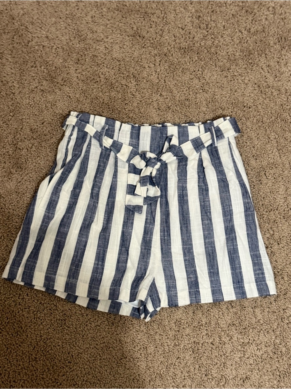 Striped Blue and White Paperbag Waist Women’s Shorts